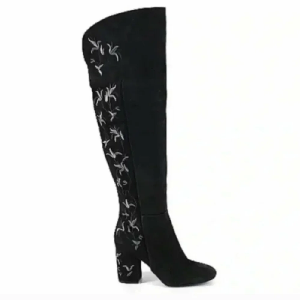 Kenneth Cole Claire Over-the-Knee Floral Embroidered Black Suede Boots Sz 6.5